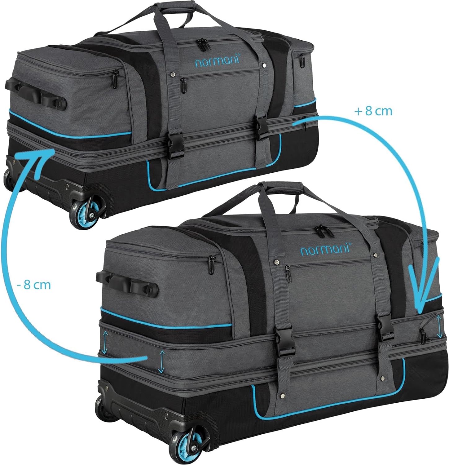 normani Travel Bag 2-Wheel Trolley 120-150 Litres Soft Luggage Travel Bag with Wheels and 6 Compartments - Expandable Travel Trolley - Roller Bag Sports Bag 81 x 39 x 39/47 cm, grey / blue – Bild 3