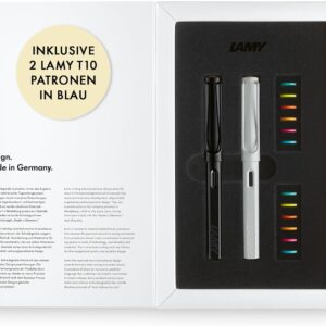 Lamy Safari Multicolour Fountain Pen Set – Special Edition with 2 Fountain Pens in All Black & All White – Steel Nib in Line Width M – with 2 Blue Ink Cartridges, 12 Interchangeable Colour Rings