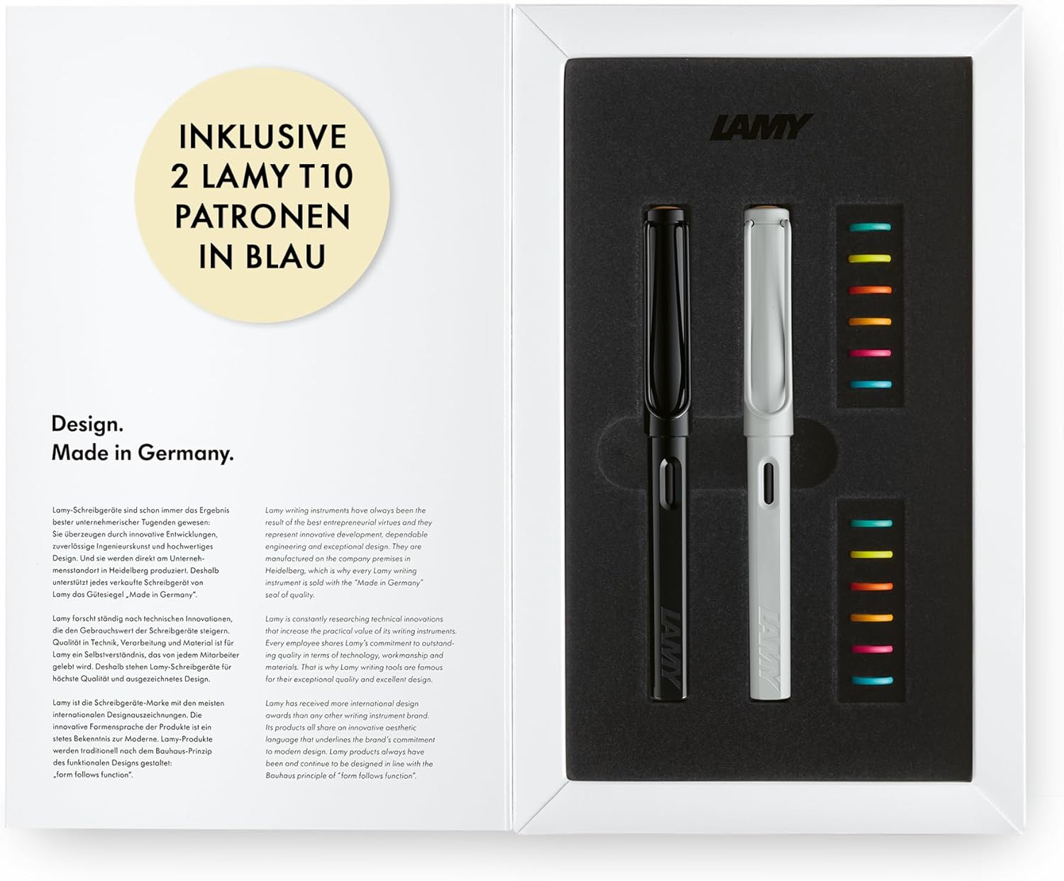Lamy Safari Multicolour Fountain Pen Set - Special Edition with 2 Fountain Pens in All Black & All White - Steel Nib in Line Width M - with 2 Blue Ink Cartridges, 12 Interchangeable Colour Rings