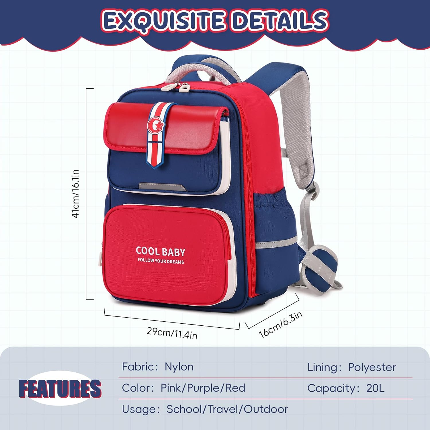 School Backpack Girls Boys Ergonomic 1-4th Class with Chest Strap, 2025 Backpack School Children 6-10 Years School Bag with Removable Belt and Reflective -6171, red, Rucksack Backpacks – Bild 6