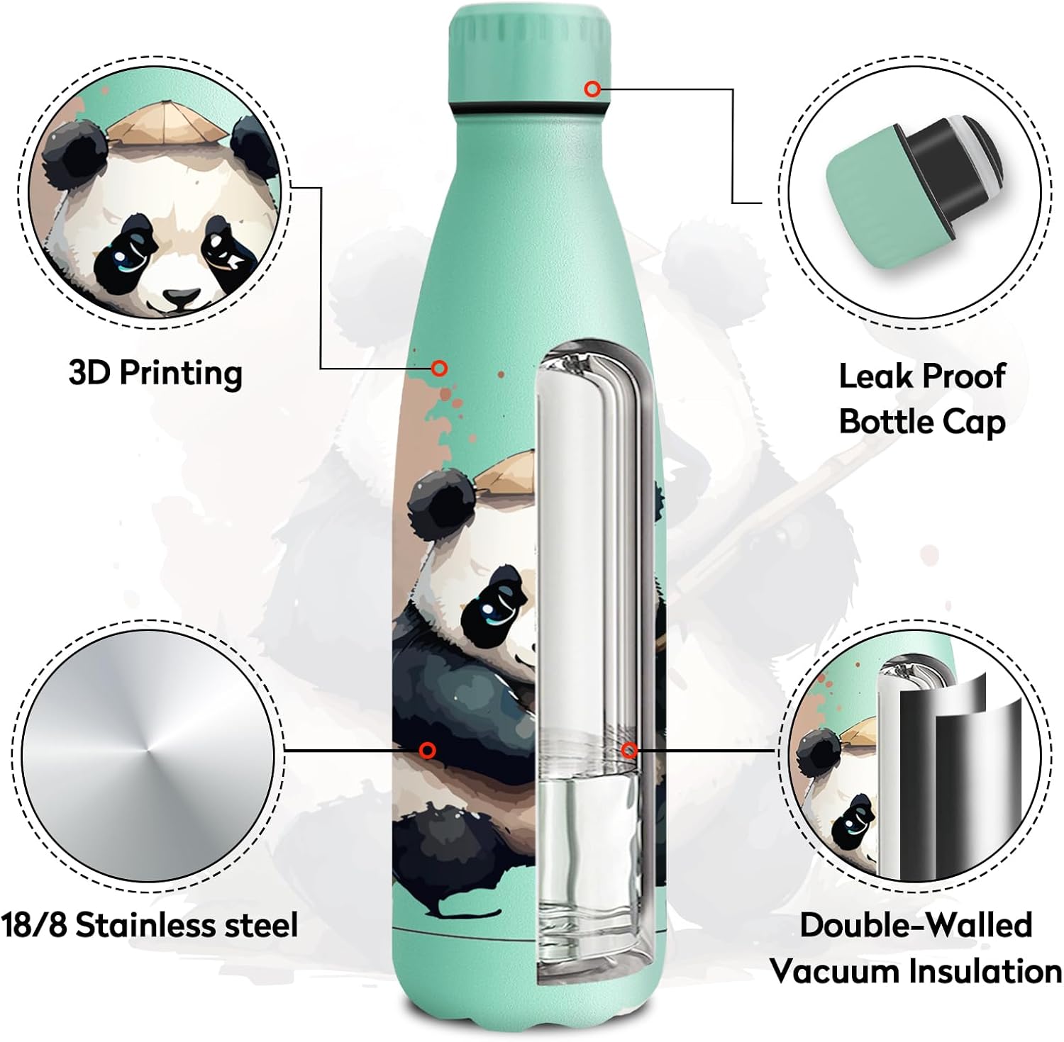 KollyKolla Stainless Steel Drinking Bottle, 500 ml, 3D Print Drinking Bottle, Sports, Suitable for Carbonated Drinks, Leak-Proof Thermos Flask, BPA-Free, Drinking Bottles for Children, School, Sports – Bild 3