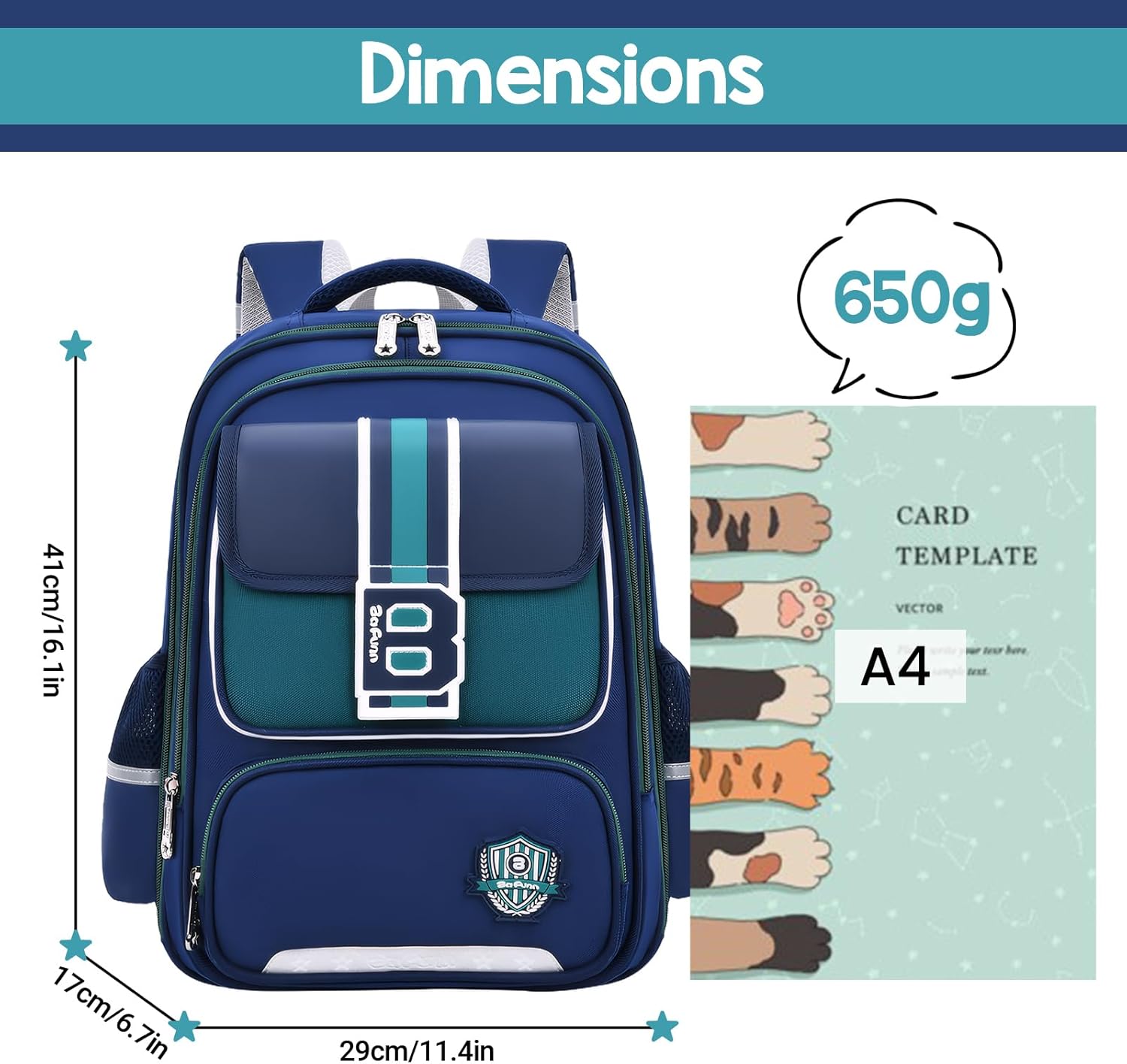 IvyH School Backpack Boys 2-5 Class, 20 Litre Ergonomic Children's Backpack for Primary School, Waterproof School Bag Children's School Bag for Boys, 8-12 Years, Navy Blue Green, Rucksack – Bild 4