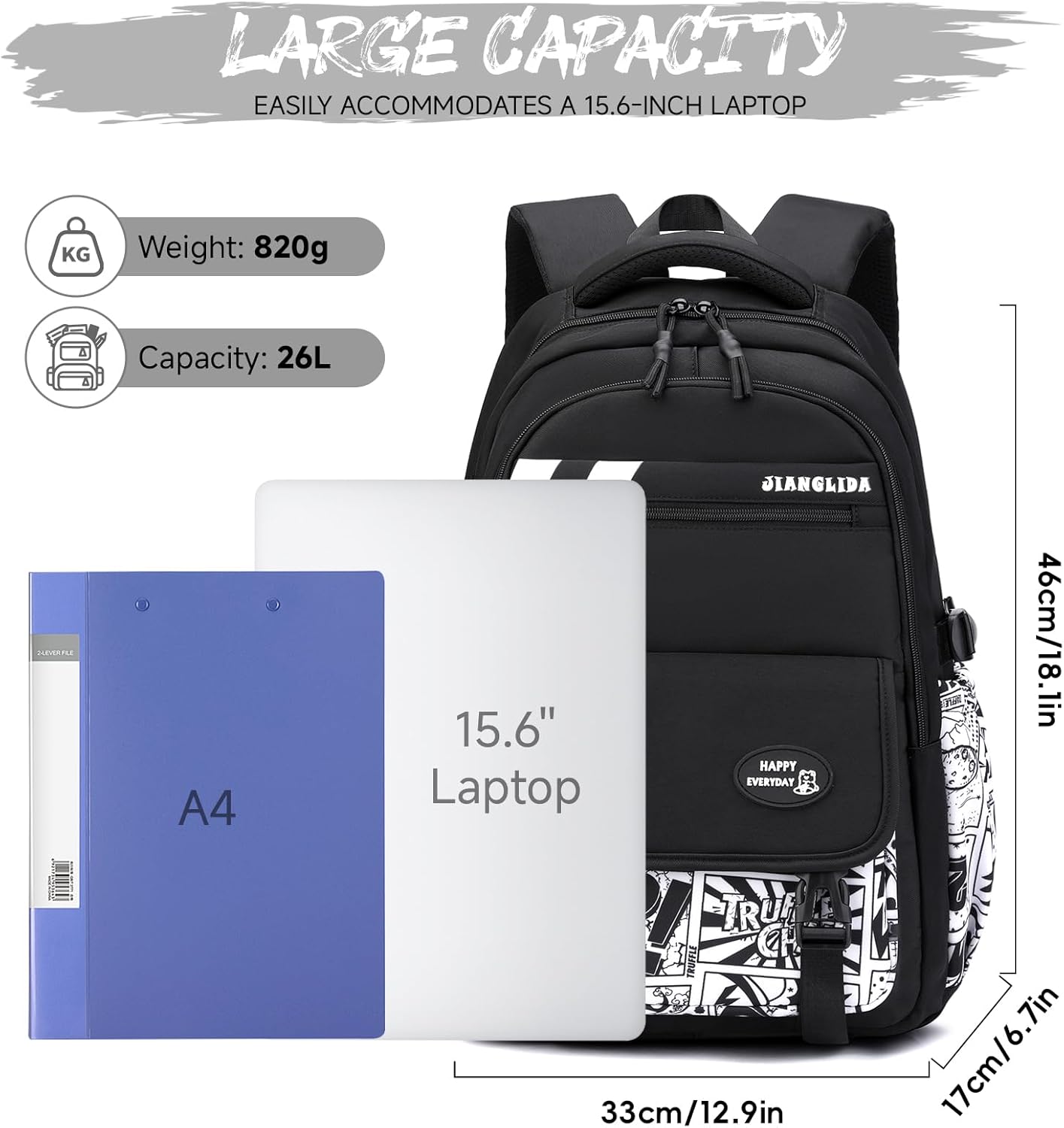 Tanou School Backpack Boys Teenagers Graffiti Print School Bag for Boys 10-18 Years, Large Backpack School High School High School Waterproof Casual School Bag, Black – Bild 4