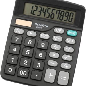 Genie 220 MD 10-digit desktop calculator, dual power (solar and battery) 1 piece, compact design, black