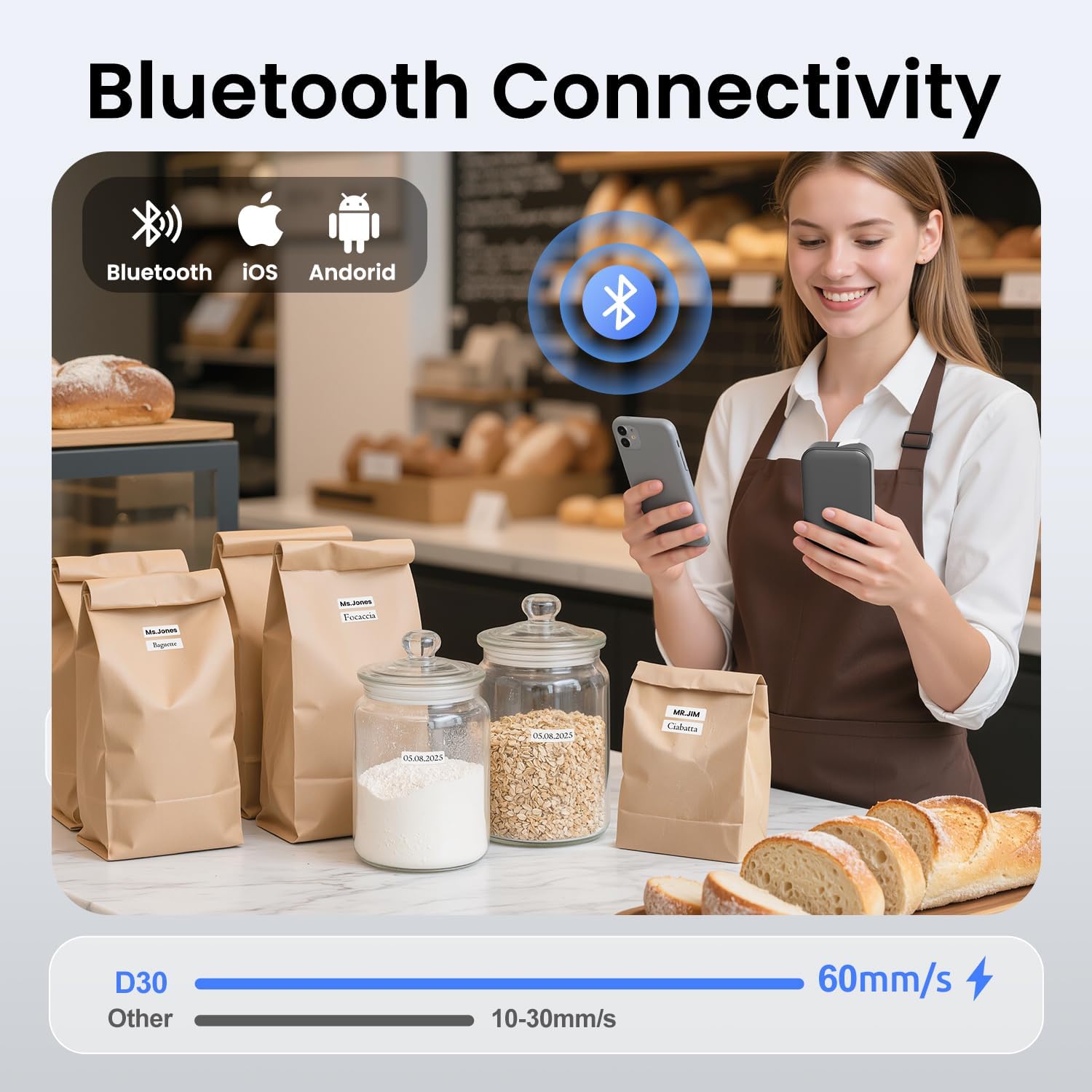 Phomemo D30 Bluetooth Labelling Device, Portable Label Printer, Self-Adhesive Label Maker for School, Family, Office, Kitchen, Thermal Wireless Labeling Device for iOS/Android, Grey – Bild 5