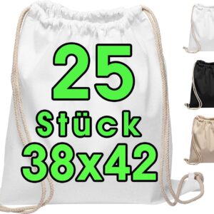 Pack of 25 Cotton Gym Bags, 38 x 42 cm, Sports Bag, Backpack, Fabric Bag, Cotton Bag, Jute Bag, Oeko-Tex® Certified Bag, Shopping Bag, Can Be Painted On