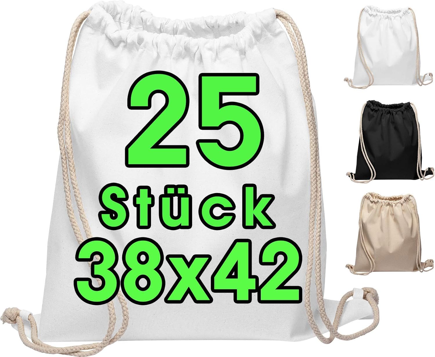 Pack of 25 Cotton Gym Bags, 38 x 42 cm, Sports Bag, Backpack, Fabric Bag, Cotton Bag, Jute Bag, Oeko-Tex® Certified Bag, Shopping Bag, Can Be Painted On