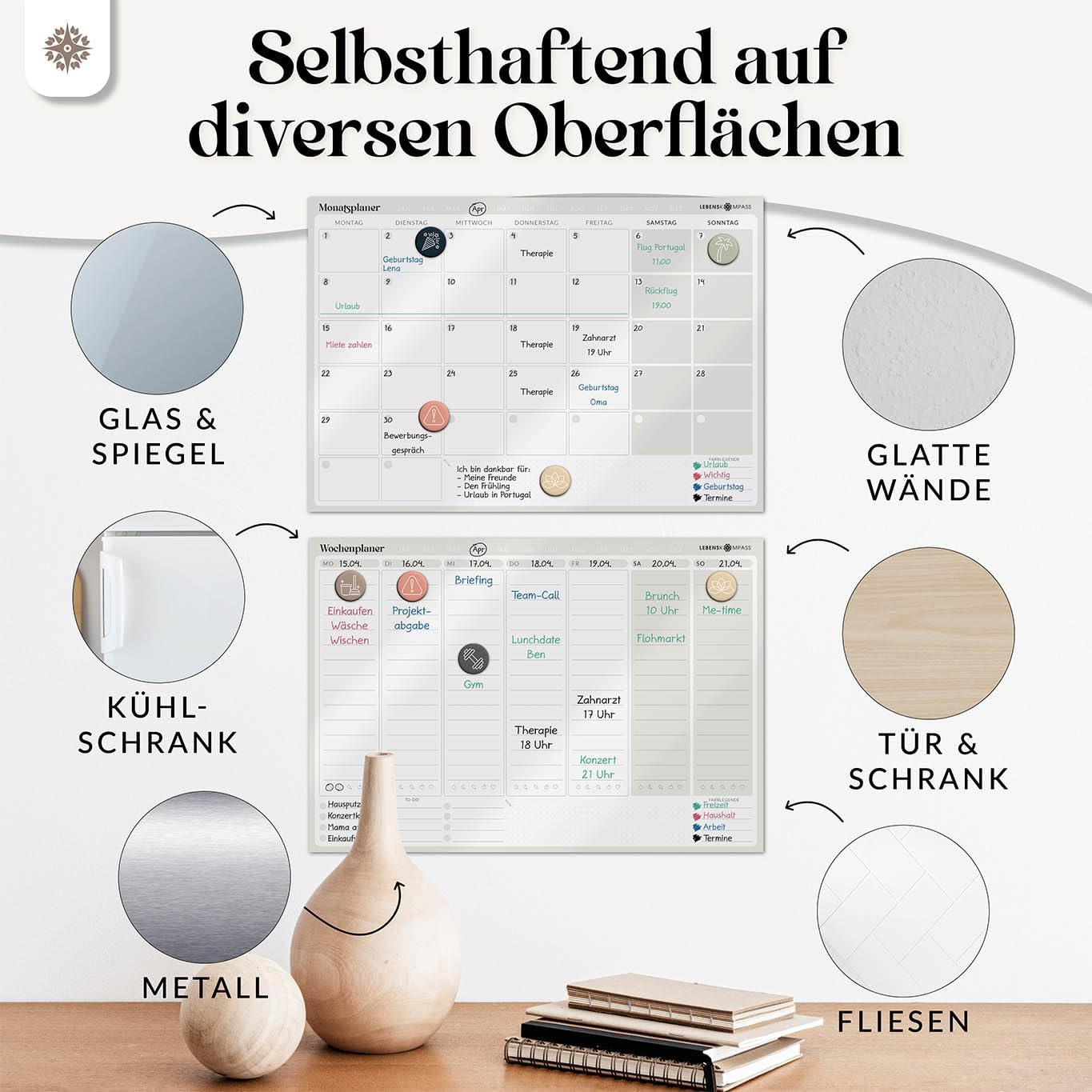 Lebenskompass Flexiplan® Self-Adhesive Weekly Planner Wipeable Whiteboard Planning Board Sticks to All Smooth Surfaces Undated Wall Calendar Planner Including Stickers & Pens – Bild 5
