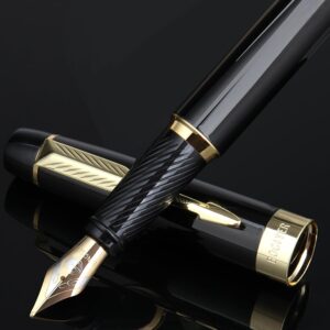 BOCIYER Classic black fountain pen set, medium nib and calligraphy nib (wide), each nib has its own independent ink supply system, includes 8 ink cartridges, gift box