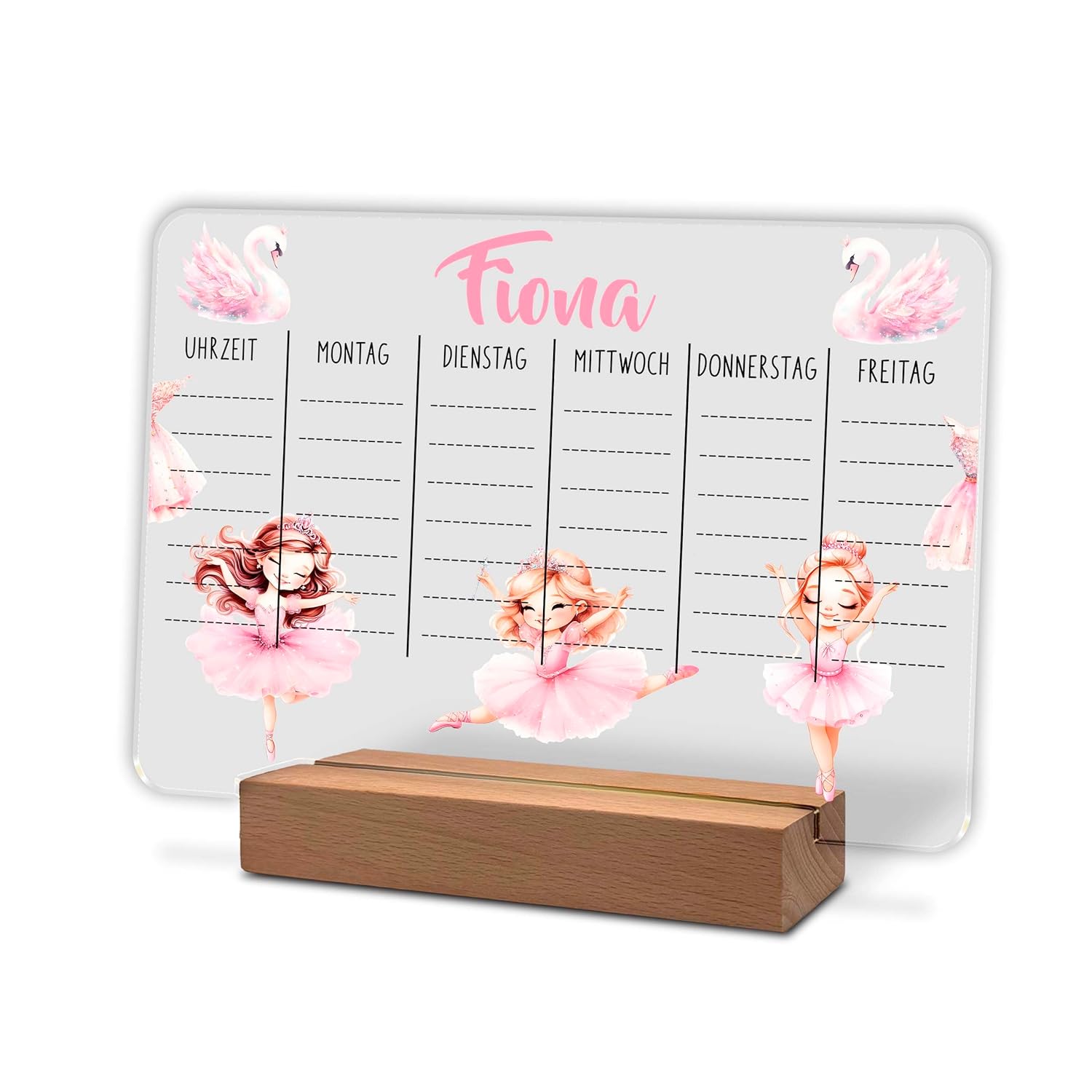 Personalised Acrylic Glass Timetable 20 x 15 cm with Name Optional LED Wooden Base Warm White Gift for Starting School Primary School Ballerina