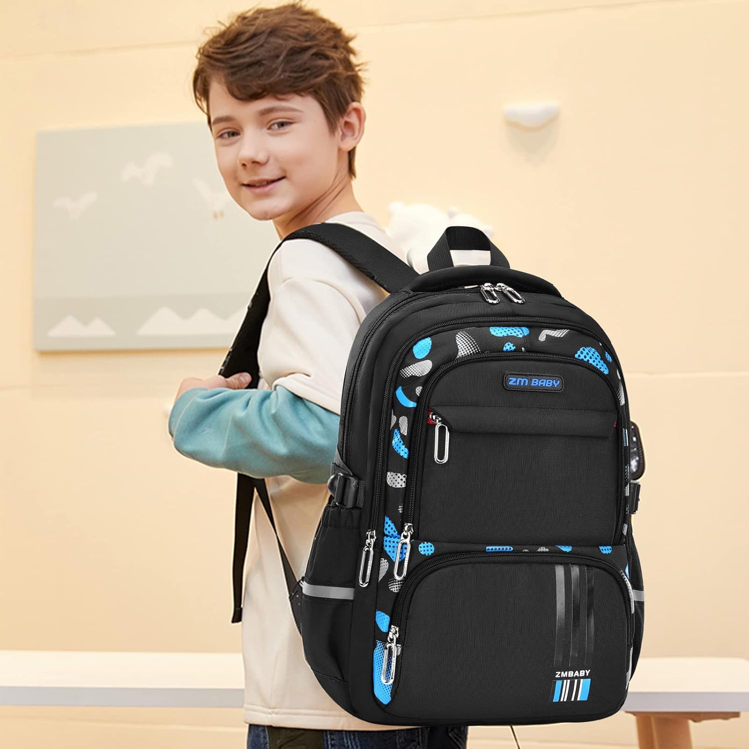 IvyH Boys' School Backpack, Stay Comfortable and Safe with Our Breathable Backpack Boys with Non-Slip Chest Strap, Reflective Stripes, black-blue, Rucksack Backpacks – Bild 2