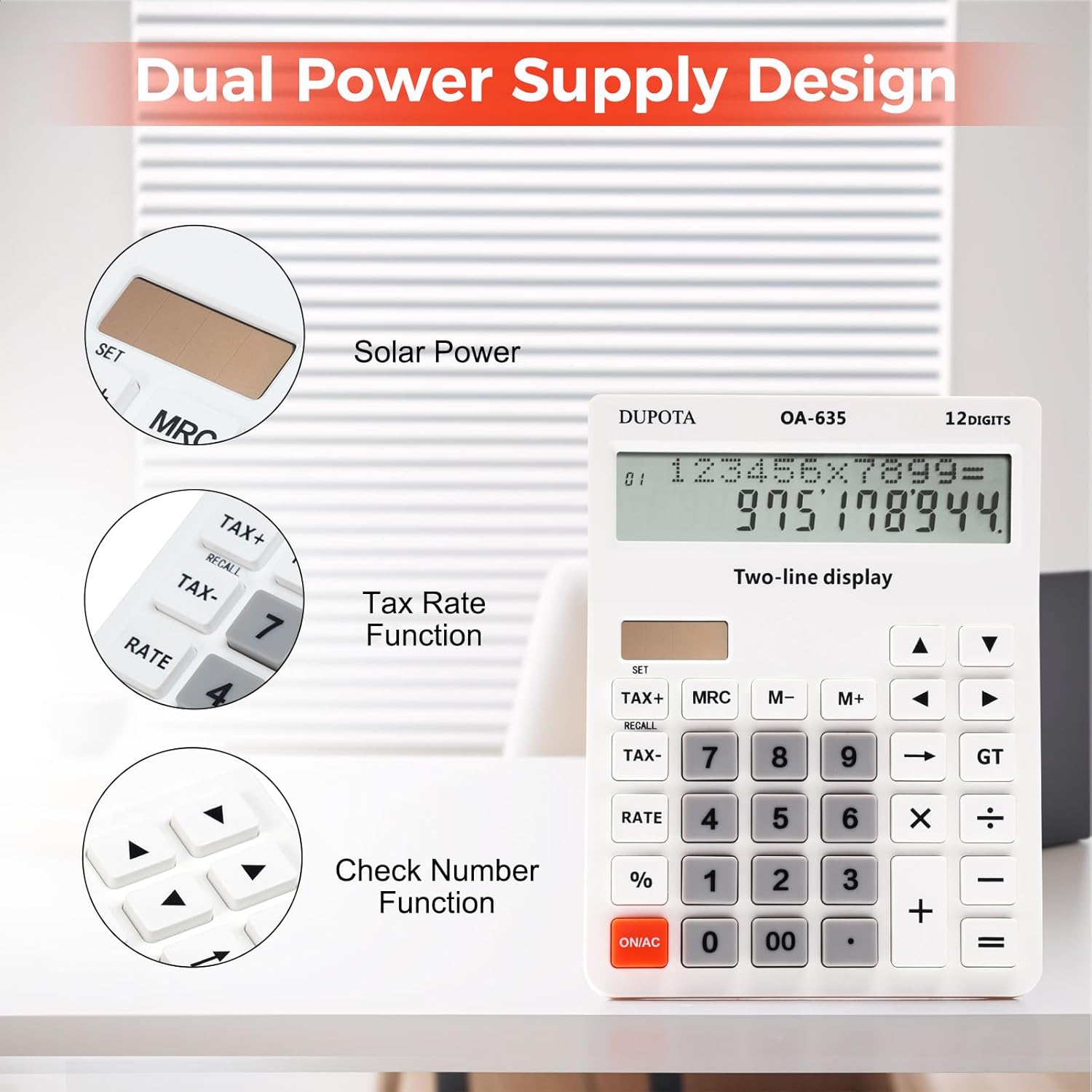 Calculator Desk Calculator Large Buttons 2 Lines Extra Large Display 12-Digit Desk Calculator Office with Value Control Function White Medium Size (OA-635) – Bild 7