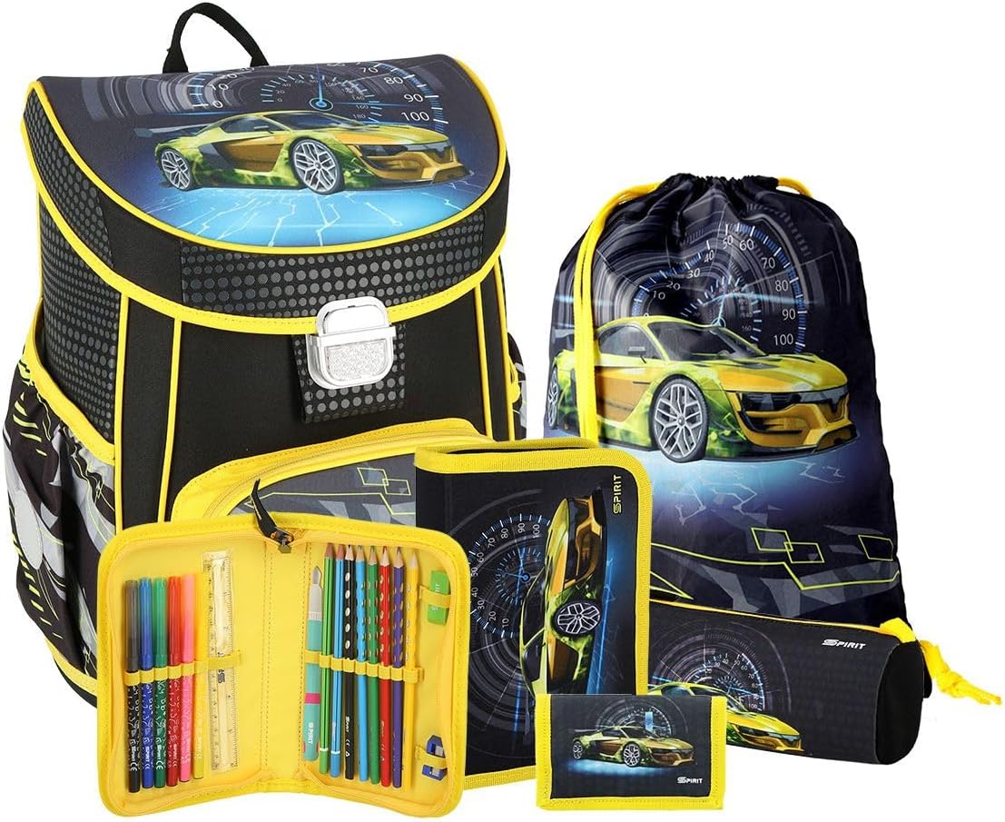 itenga Primary School Satchel Set – School Bag Set 5 Pieces for Boys and Girls with Pencil Case Gym Bag Neck Pouch, Racer, Classic