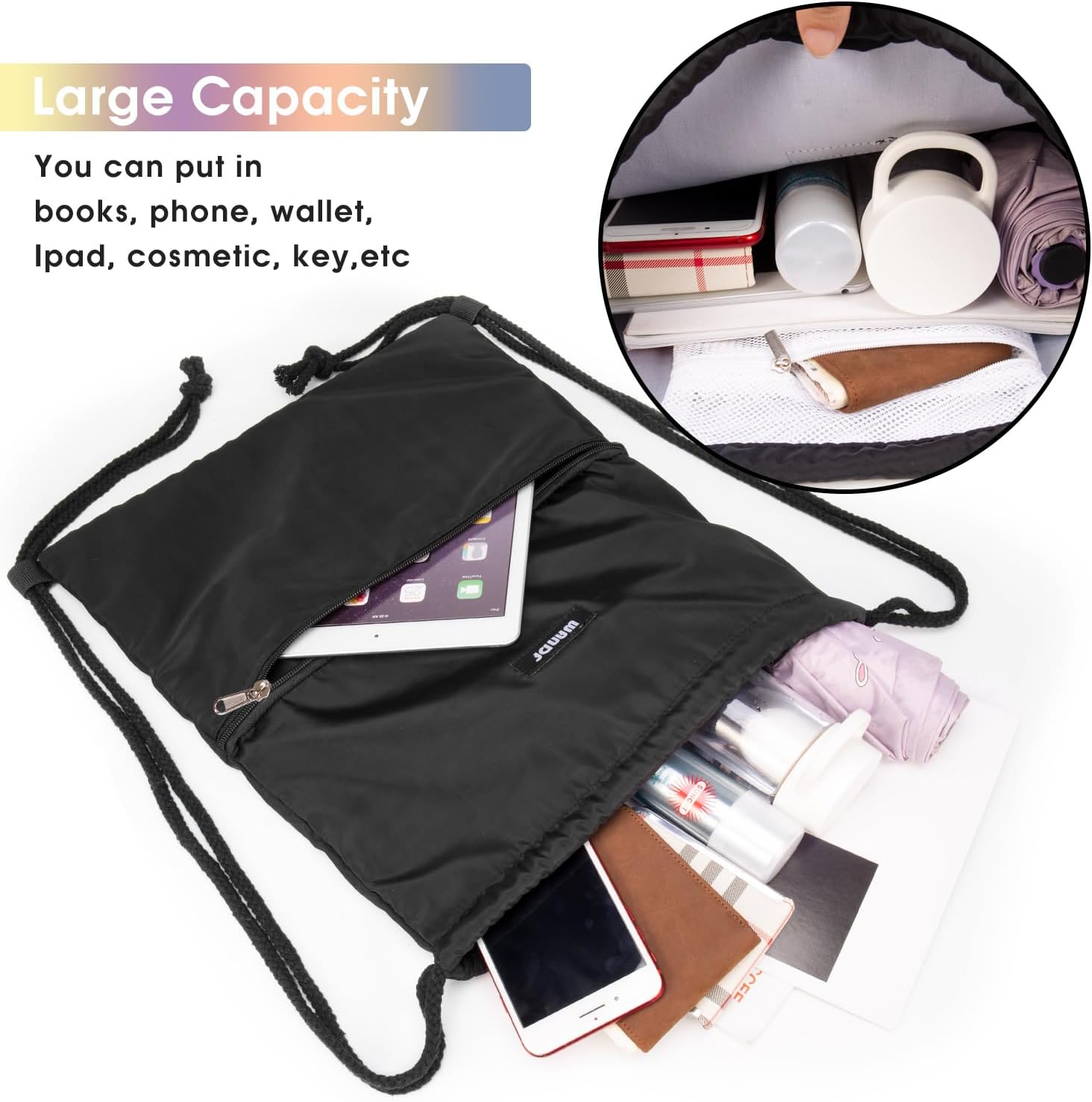 WANDF Backpack with Drawstring Gym Bag Sports Bag Gym Bag with Outer Pocket Adjustable Drawstring Gym Bag for Women Men Children with Inner Pocket 11 Litres for Sports and Travel – Bild 2