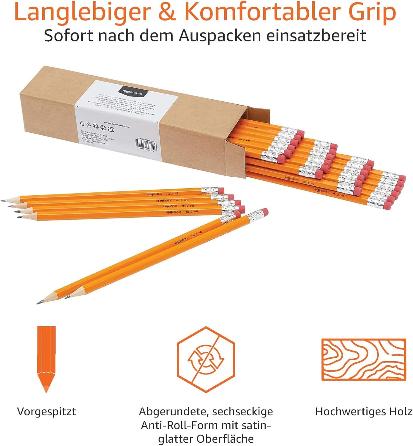 Amazon Basics Wooden HB Pencils - Pack of 30 - Orange – Bild 4
