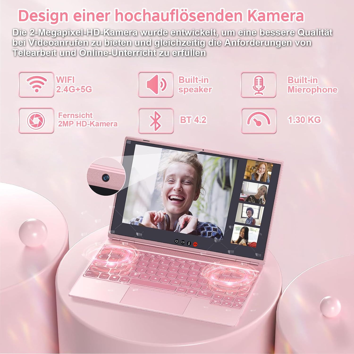 Laptop 14 Inch 8GB + 256GB SSD Expandable 1TB SSD, Notebook with Celeron N5095, Cooling Fan 1920x1200 2K FHD Extremely Slim Bezel Screen Multifunctional Pink – Bild 5