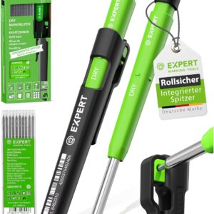 EXPERT Dry Carpenter's Pencil with 11 Leads | With Integrated Sharpener | Refillable Deep Hole Marker with Graphite Lead Set | Craftsman Pencil for Wood, Glass or Metal | Pencil Construction Site
