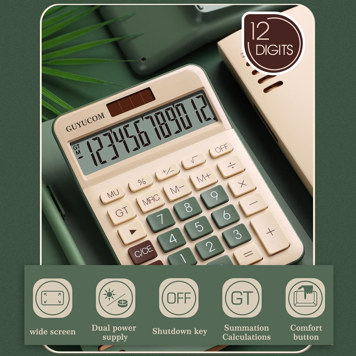 GUYUCOM Small Calculator with Large Buttons, 12-Digit Calculator Small with Large Display for School, Office, Office, Outdoor, Double Power Sensitive Button (Green) – Bild 2
