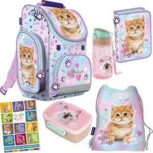 Goldkids – School Bag for Boys and Girls – School Backpack for Children with Pencil Case – Shoe Bag and Homework Book – Cat Motif – 1-3 Class, Set of 6, Classic