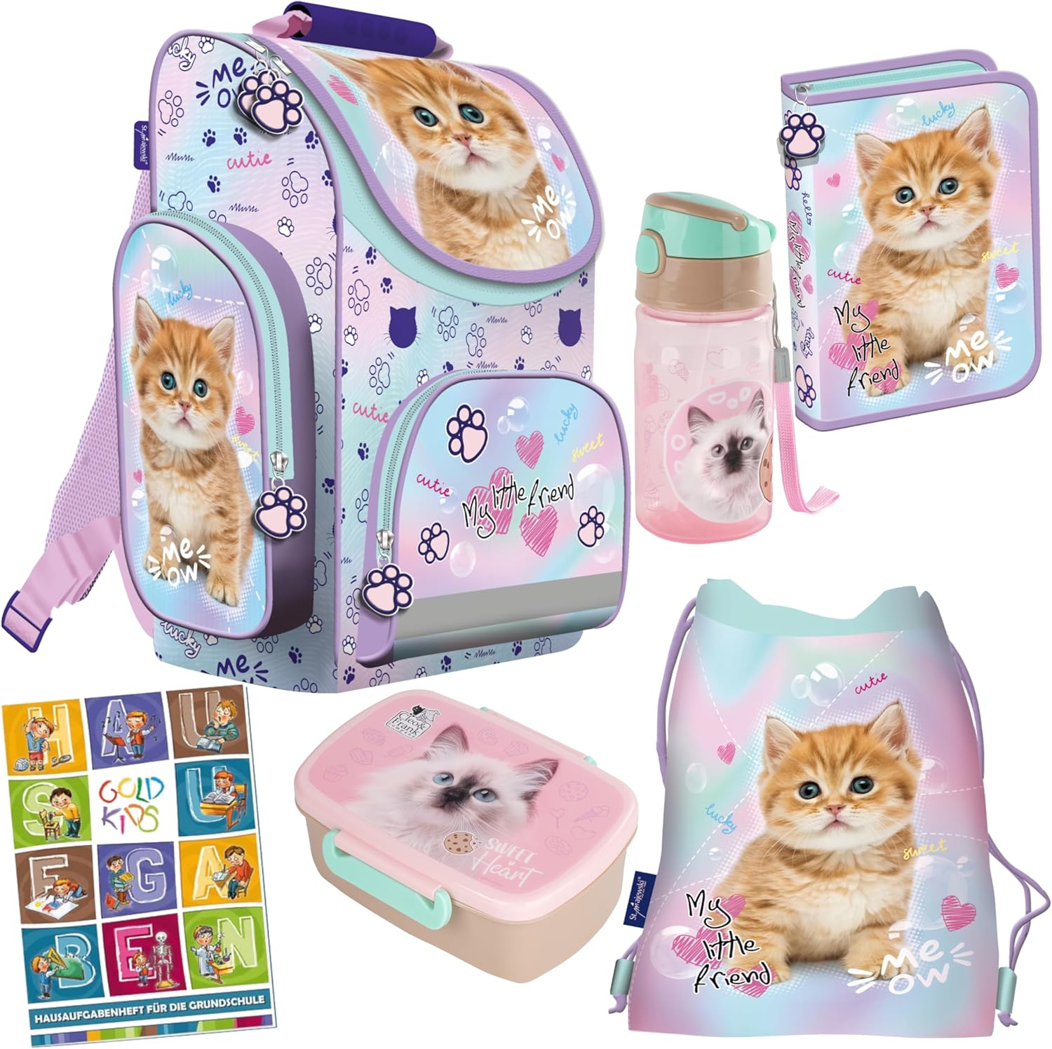 Goldkids - School Bag for Boys and Girls - School Backpack for Children with Pencil Case - Shoe Bag and Homework Book - Cat Motif - 1-3 Class, Set of 6, Classic