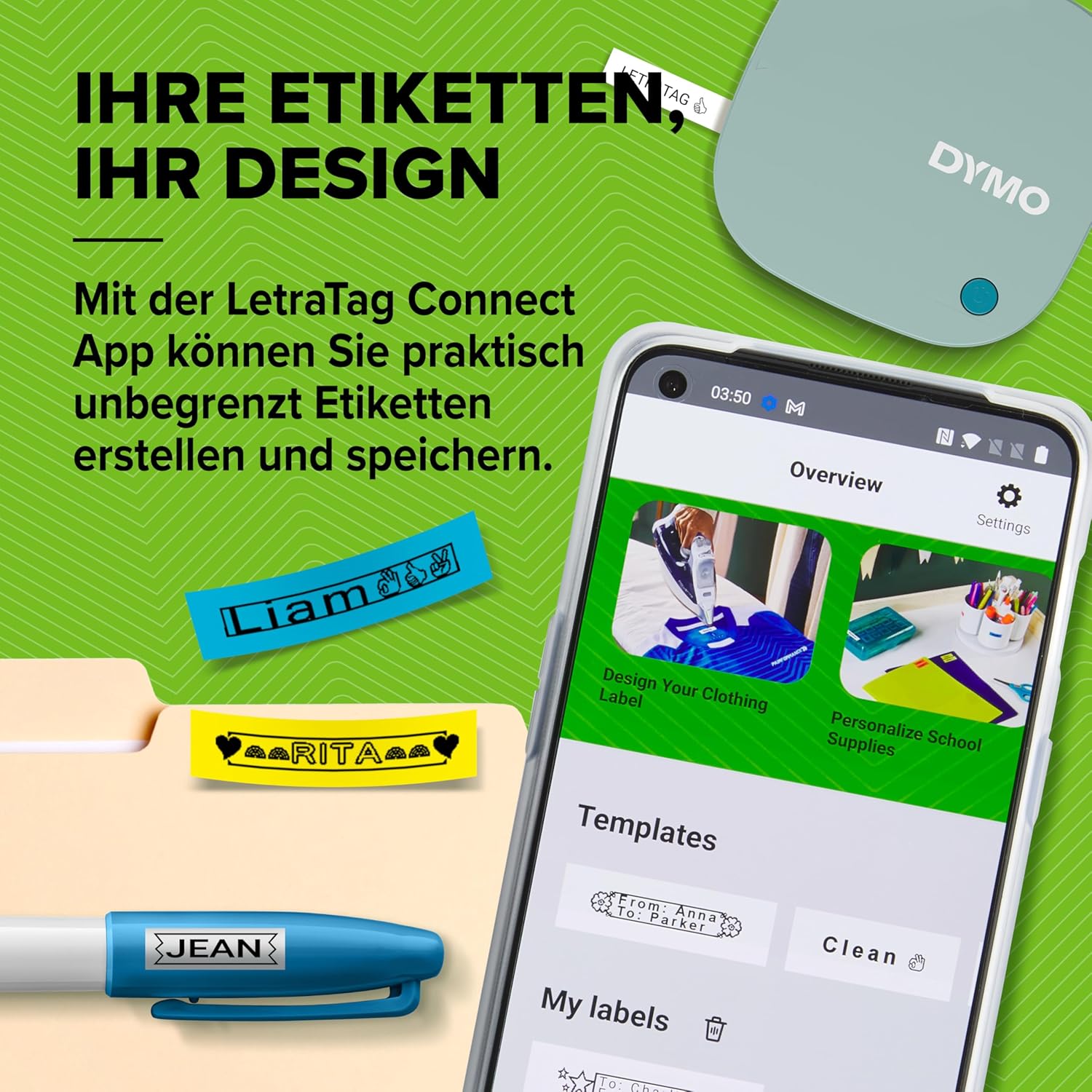 DYMO LetraTag 200B Label Maker with Bluetooth, Compact Label Printer, Connects via Wireless Bluetooth Technology, Includes 1 x White Paper Label Tape, Daydream Blue – Bild 3