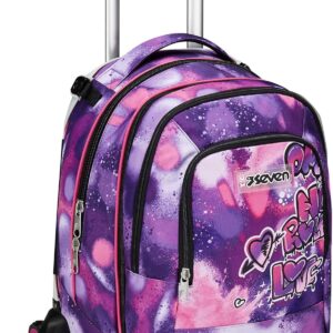 Seven School Bag Detach Trolley Backpack with Wheels Pull School Sport Leisure 1st Class 3 in 1 with Water Bottle Compartment with Small Backpack for Kids Purple