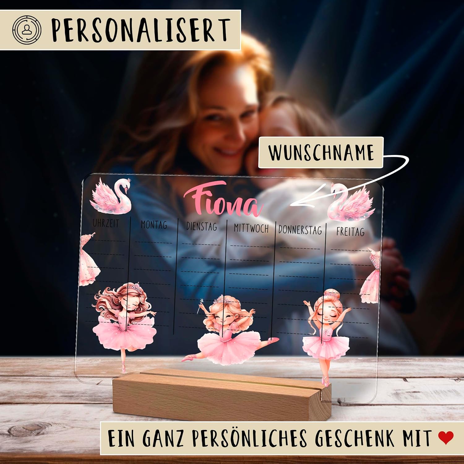 Personalised Acrylic Glass Timetable 20 x 15 cm with Name Optional LED Wooden Base Warm White Gift for Starting School Primary School Ballerina – Bild 4