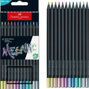Faber-Castell 116415 Black Edition Metallic Pencil Set, 12 Colouring Pencils, Colouring Pens for Light and Dark Paper