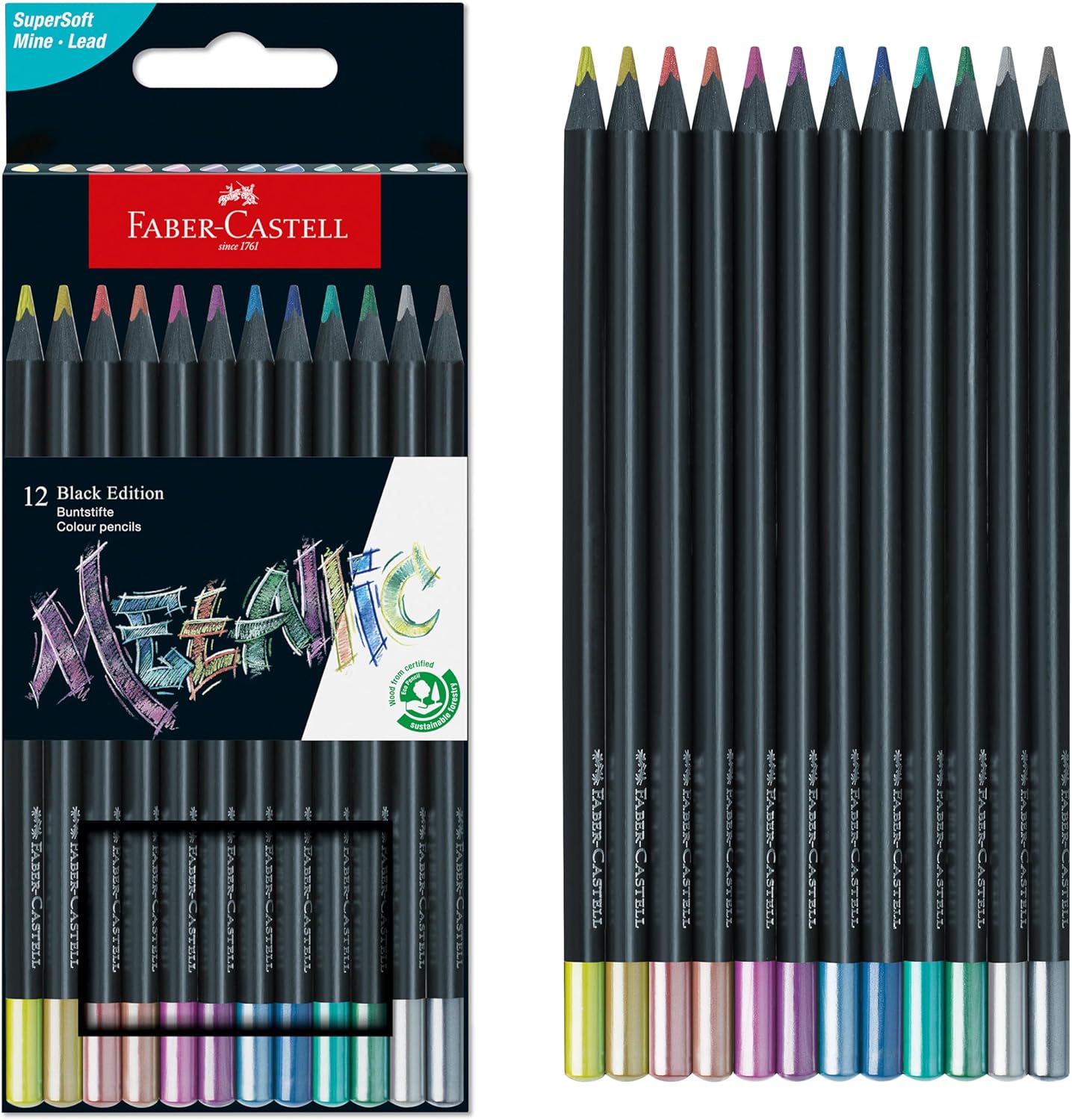 Faber-Castell 116415 Black Edition Metallic Pencil Set, 12 Colouring Pencils, Colouring Pens for Light and Dark Paper
