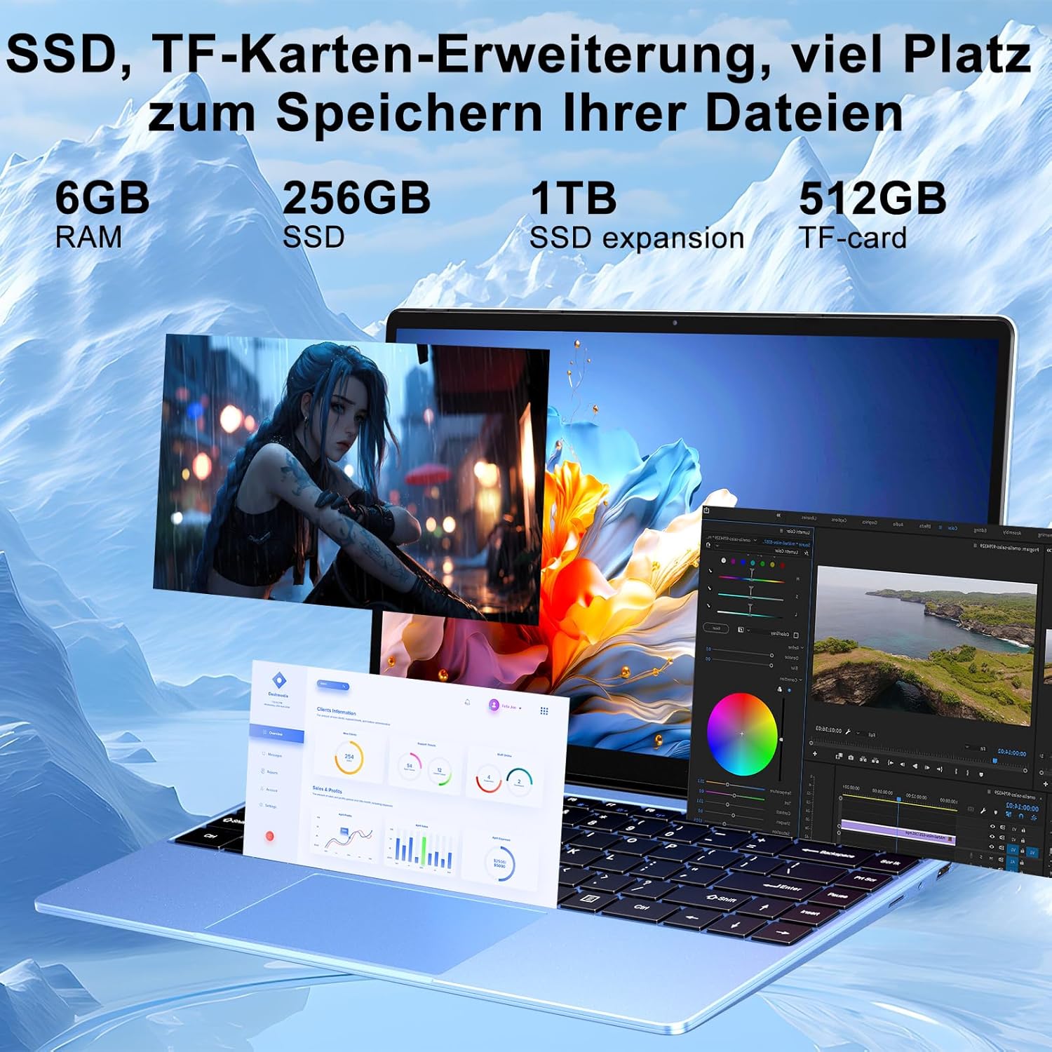 2025 Laptop 14 Inch Win11 Pro Notebook 6+256GB SSD Support 1TB 1920x1080P Full Metal Celeron N4020 5G WiFi Mini HDMI & Wireless Mouse Keyboard Film for Keyboard Blue – Bild 3