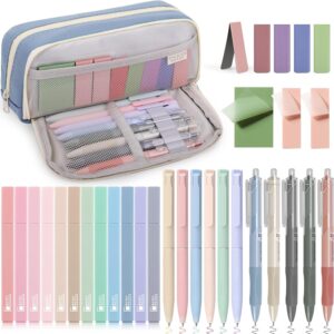 32pcs School Supplies Aesthetic with Blue Pencil Case, 12 Pastel Highlighters, 6 Colour Pencils, 5 Black Pens, 5 Magnetic Bookmarks and 3 Sticky Notes for Students School Supplies