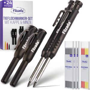 Filzada® 2 x deep hole markers with 24 extramines - in 3 colours - carpenter's pencils with quiver/cap - drill hole marker - pencil construction site - marking pen - deep hole marker pencil - marking