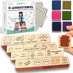 Teacher’s Stamp Primary School – Complete Stamp Set Teacher with 15 Beech Wood Motivational Stamps, 6 Quick-Drying Ink Pads, 300 Stickers, EBook – Teacher Supplies, Teacher Gift & Referendary