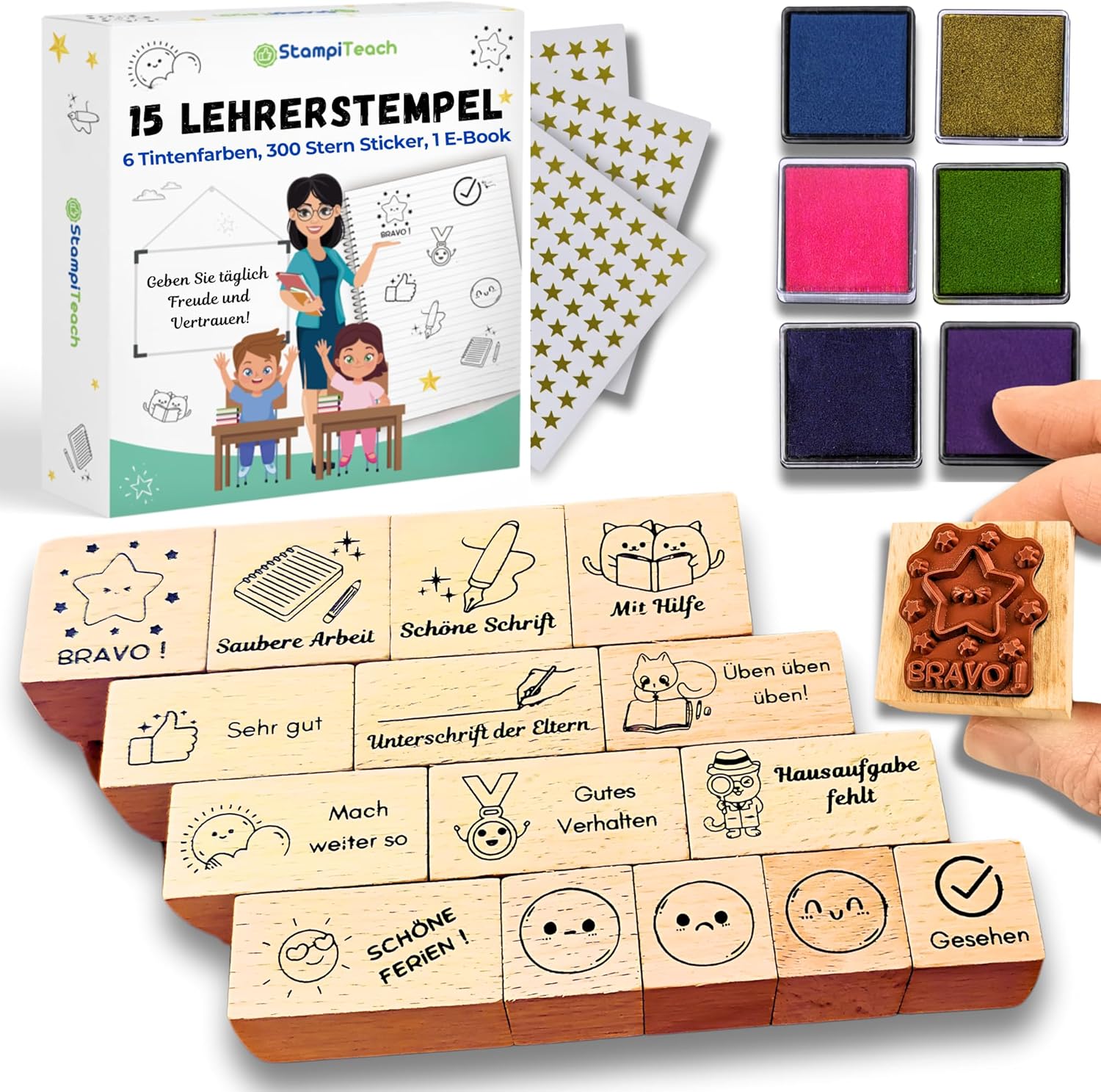 Teacher's Stamp Primary School - Complete Stamp Set Teacher with 15 Beech Wood Motivational Stamps, 6 Quick-Drying Ink Pads, 300 Stickers, EBook - Teacher Supplies, Teacher Gift & Referendary
