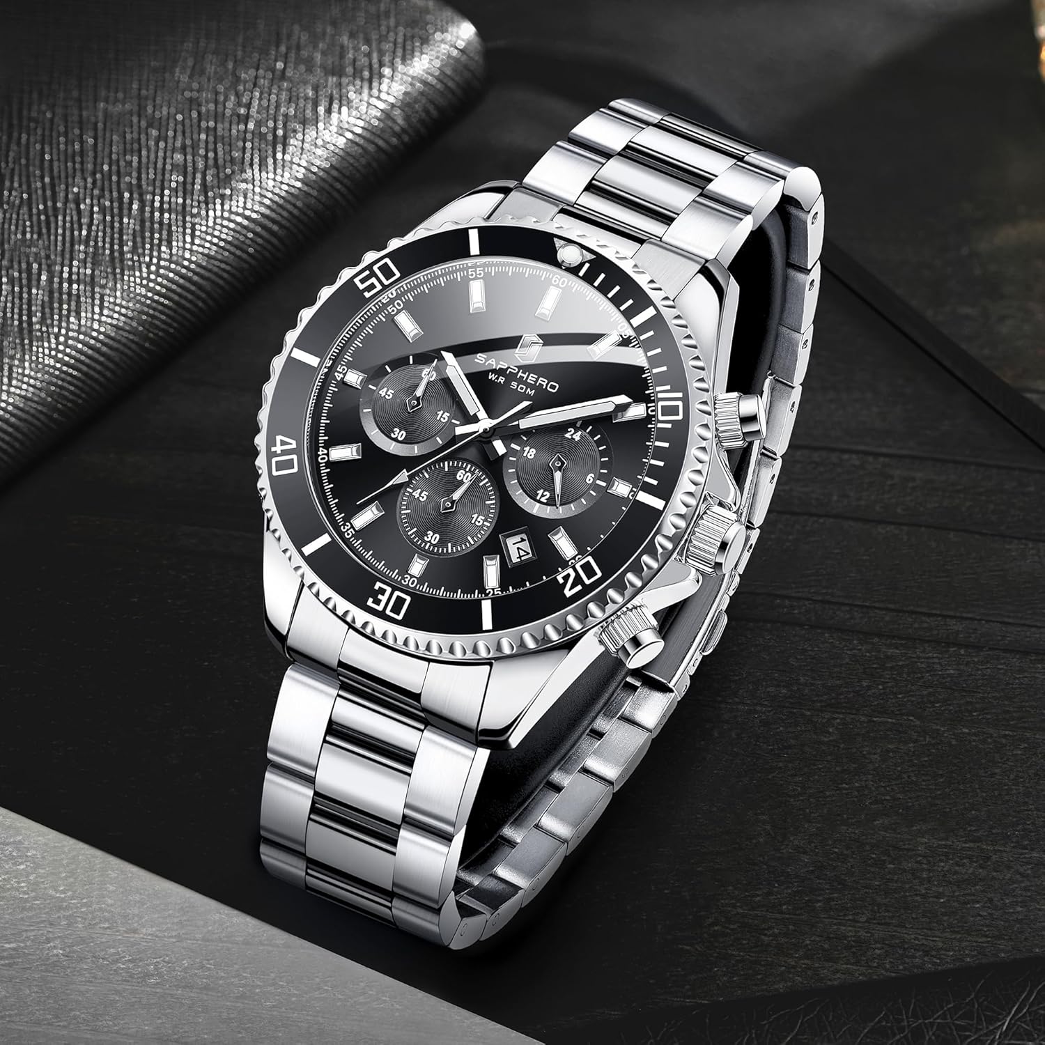 SAPPHERO Watches Men's Chronograph Analogue Quartz 50 m Waterproof Watch Men's Fashion Casual Business Men's Watches with Calendar Stainless Steel Strap Watch Gift for Men – Bild 6