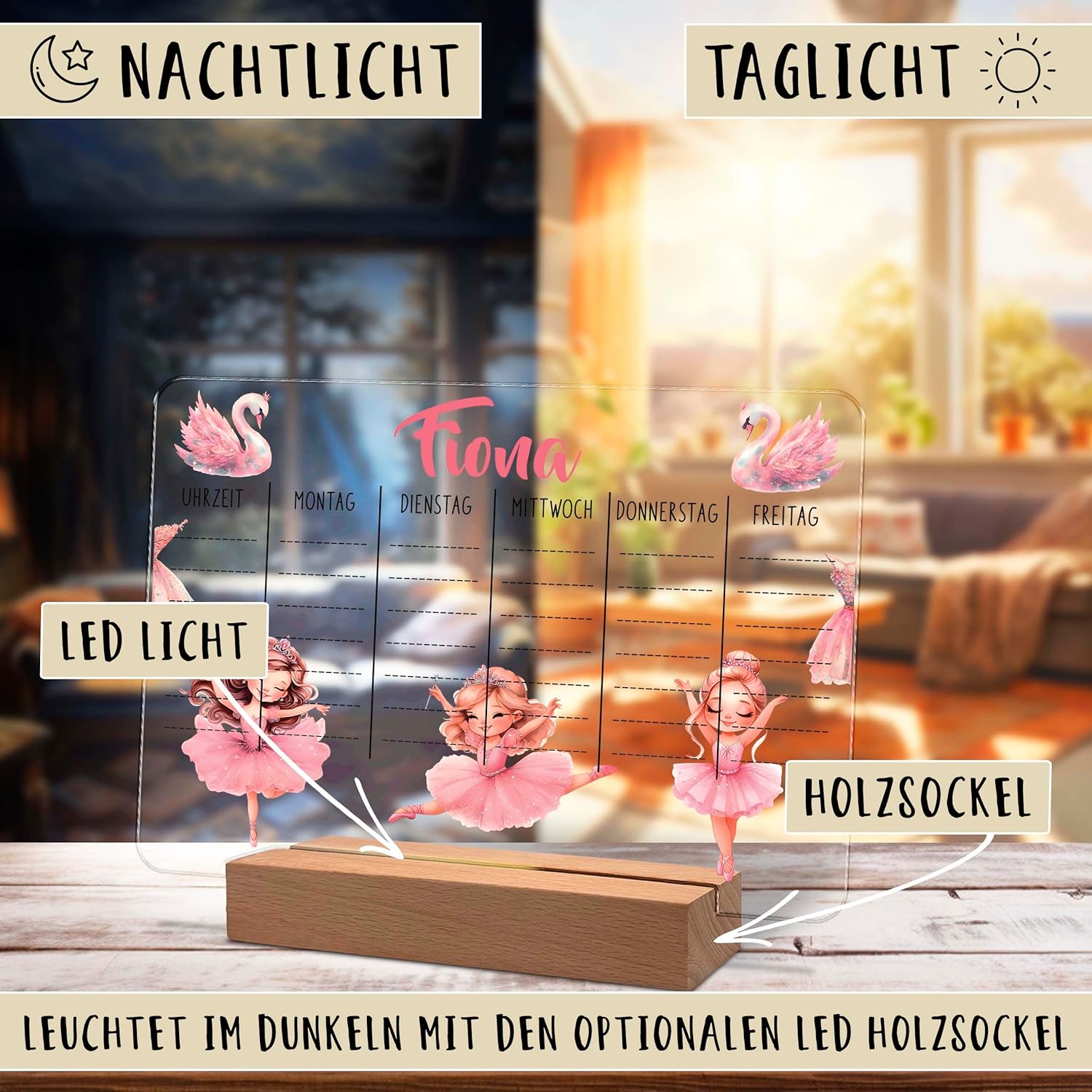 Personalised Acrylic Glass Timetable 20 x 15 cm with Name Optional LED Wooden Base Warm White Gift for Starting School Primary School Ballerina – Bild 6