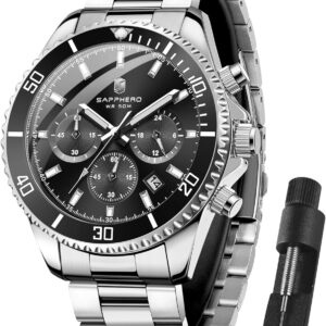 SAPPHERO Watches Men’s Chronograph Analogue Quartz 50 m Waterproof Watch Men’s Fashion Casual Business Men’s Watches with Calendar Stainless Steel Strap Watch Gift for Men