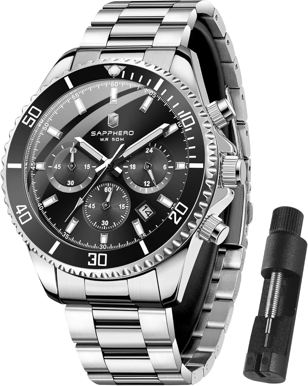 SAPPHERO Watches Men's Chronograph Analogue Quartz 50 m Waterproof Watch Men's Fashion Casual Business Men's Watches with Calendar Stainless Steel Strap Watch Gift for Men