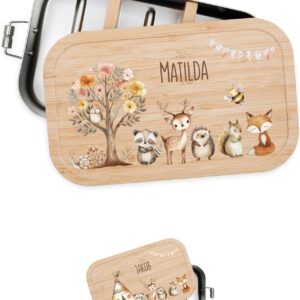 Personalised Lunch Box for Children with Special Print - Robust Stainless Steel Lunch Box - Personalised Gifts for Children and Adults (Flower Tree Animals, Small Tinplate)