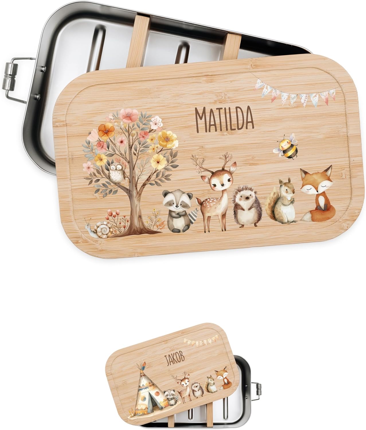 Personalised Lunch Box for Children with Special Print - Robust Stainless Steel Lunch Box - Personalised Gifts for Children and Adults (Flower Tree Animals, Small Tinplate)