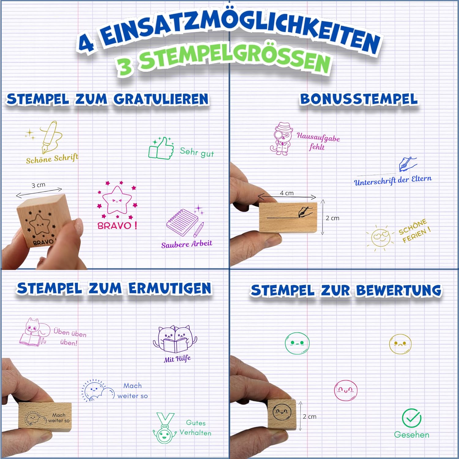 Teacher's Stamp Primary School - Complete Stamp Set Teacher with 15 Beech Wood Motivational Stamps, 6 Quick-Drying Ink Pads, 300 Stickers, EBook - Teacher Supplies, Teacher Gift & Referendary – Bild 3