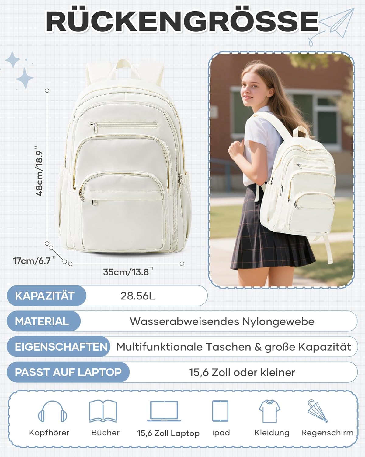 suradar School Backpack Teenager Girls Laptop Backpack Laptop Bag 14 Inch Backpack Women's Waterproof Backpack Daypack for School, Cycling, Leisure and Travel – Bild 2