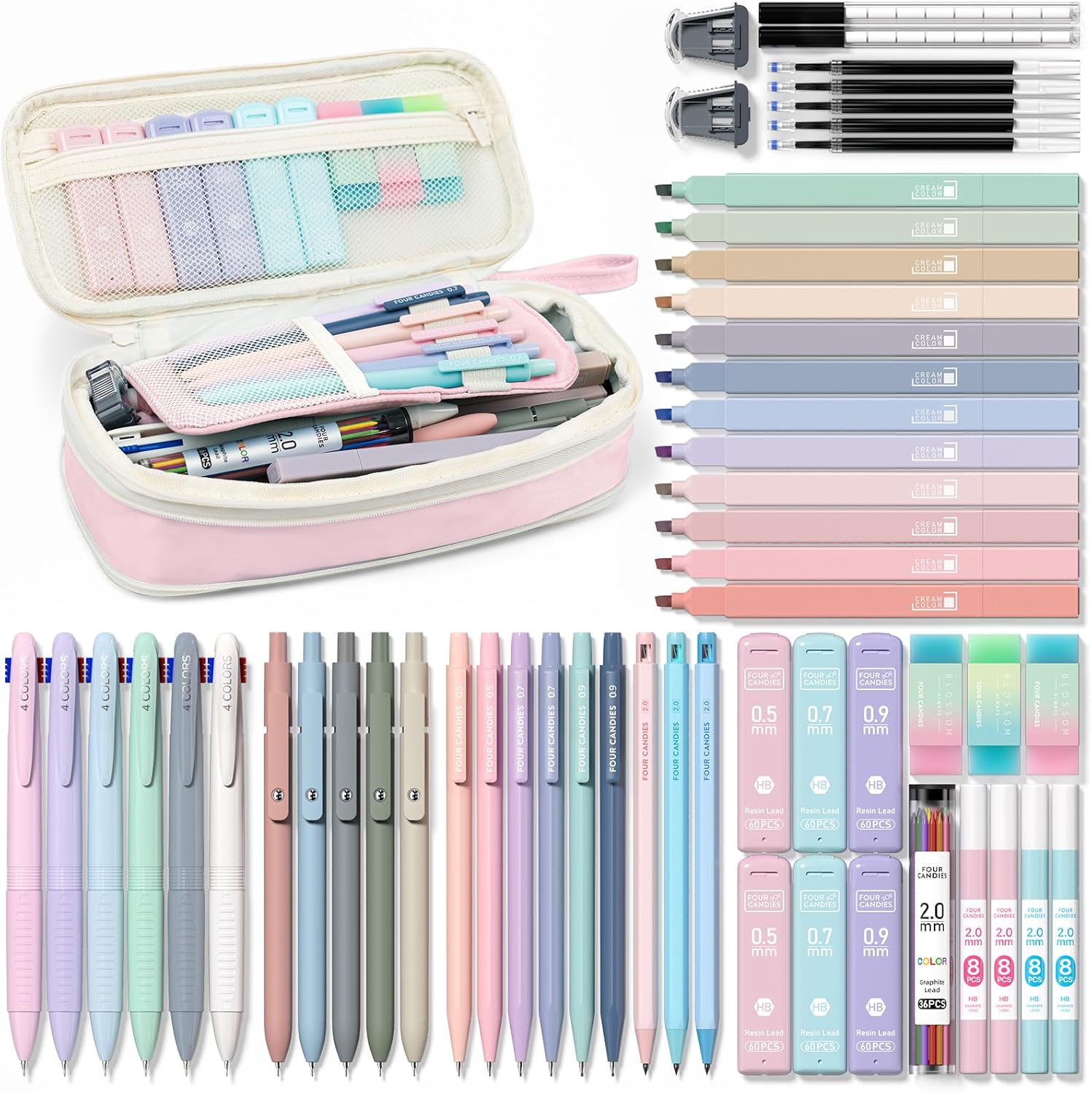 Four Candies 56 Pieces Aesthetic School Supplies with Pencil Case, 6 Coloured Ballpoint Pens, 12 Pastel Highlighters, 5 Gel Pens with Black Ink, 9 Mechanical Pencils 0.5-2.0 mm (Pink)