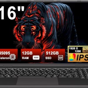 2025 Gaming Laptop 16 Inch Win11 12 + 512GB SSD Support 2TB (HDD-2TB) 1920 x 1200 Notebook 4-Core Celeron N5095 (up to 2.9 GHz) Laptop with Number Keyboard WiFi Mini HDMI German Keyboard Cover Black