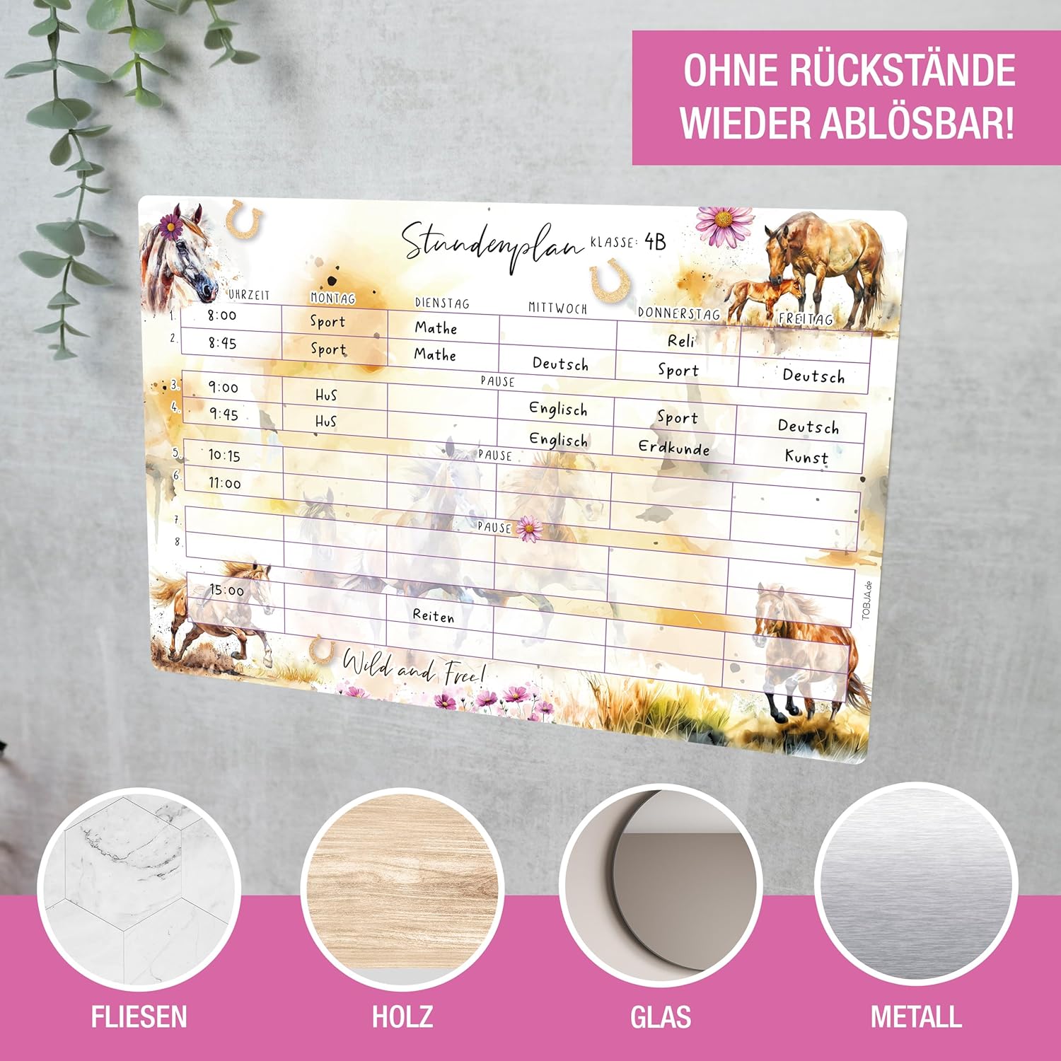 TOBJA Timetable Wipe Clean Self-Adhesive Horse Design DIN A4 Reusable for Back to School & Filling Sugar Bag Girls (without Pen) – Bild 3