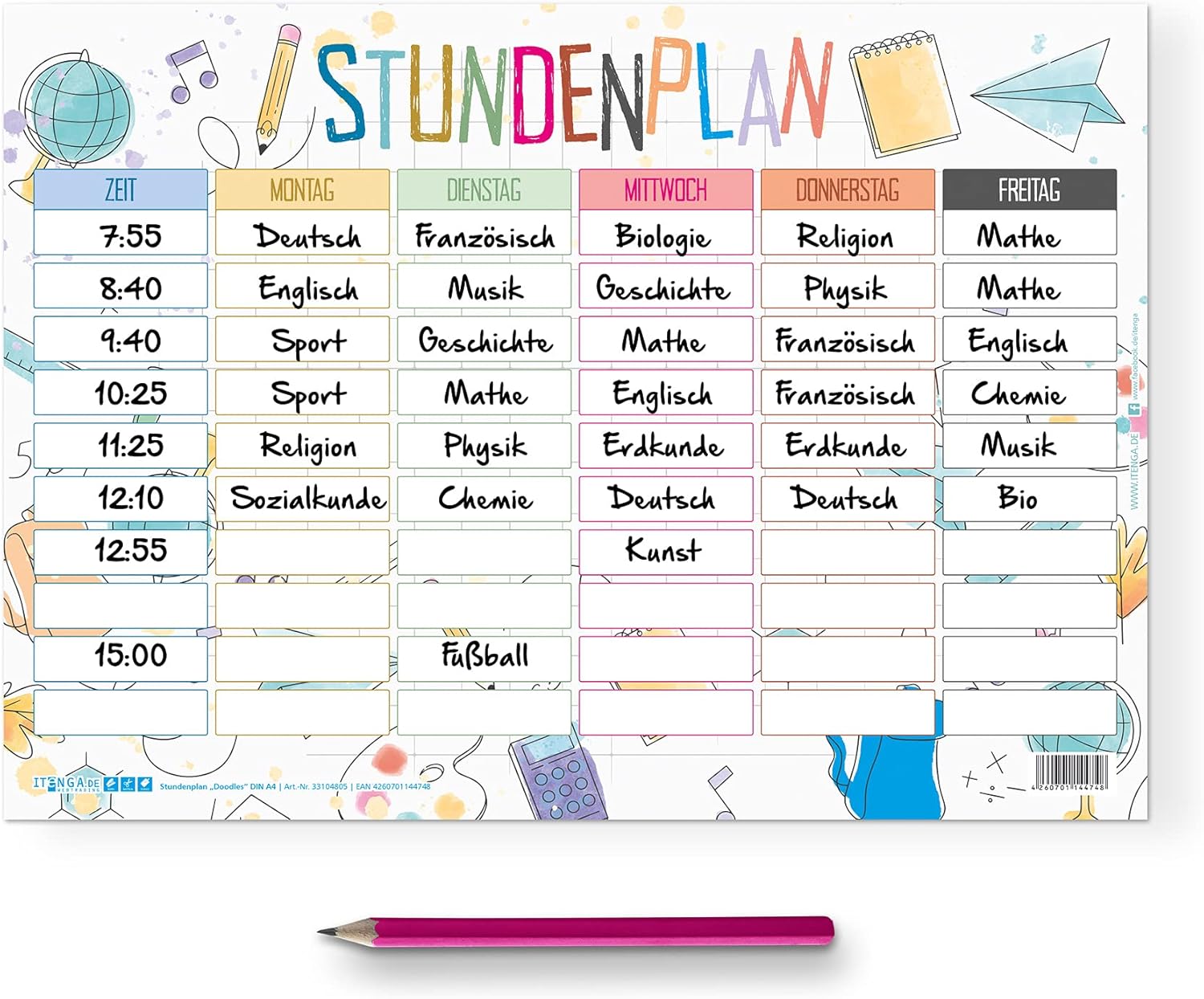 itenga Timetable DIN A4 Double-Sided One Side Wipeable 300 g Cardboard Doodles Motif Colourful Suitable for Back to School Boys and Girls – Bild 2