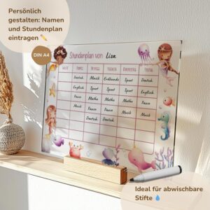 MeinBaby123® Acrylic Timetable Wipeable with Wooden Holder | First Day of School Gift | Weekly Plan | Girls | Timetable Mermaids