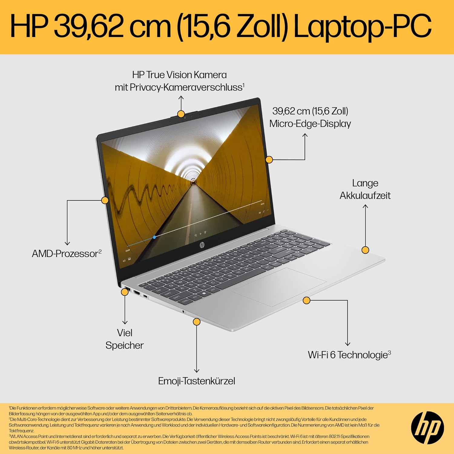 HP 15.6-Inch FHD IPS Display, AMD Ryzen 5 7520U, 16 GB RAM, 512 GB SSD, AMD Radeon Graphics, Windows 11 Home, QWERTZ Keyboard, Silver, with HP Fast Charge – Bild 7