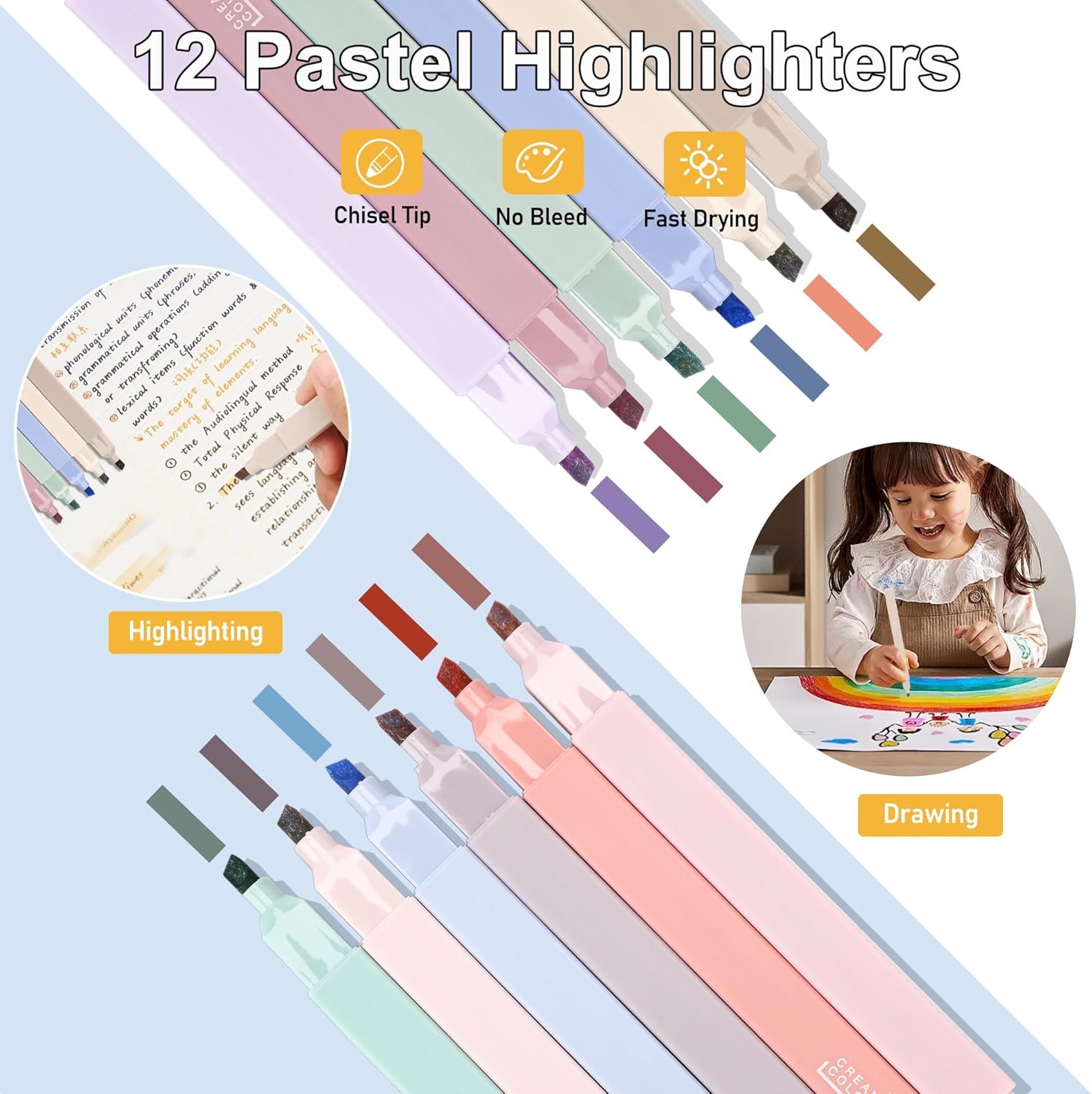 32pcs School Supplies Aesthetic with Blue Pencil Case, 12 Pastel Highlighters, 6 Colour Pencils, 5 Black Pens, 5 Magnetic Bookmarks and 3 Sticky Notes for Students School Supplies – Bild 3