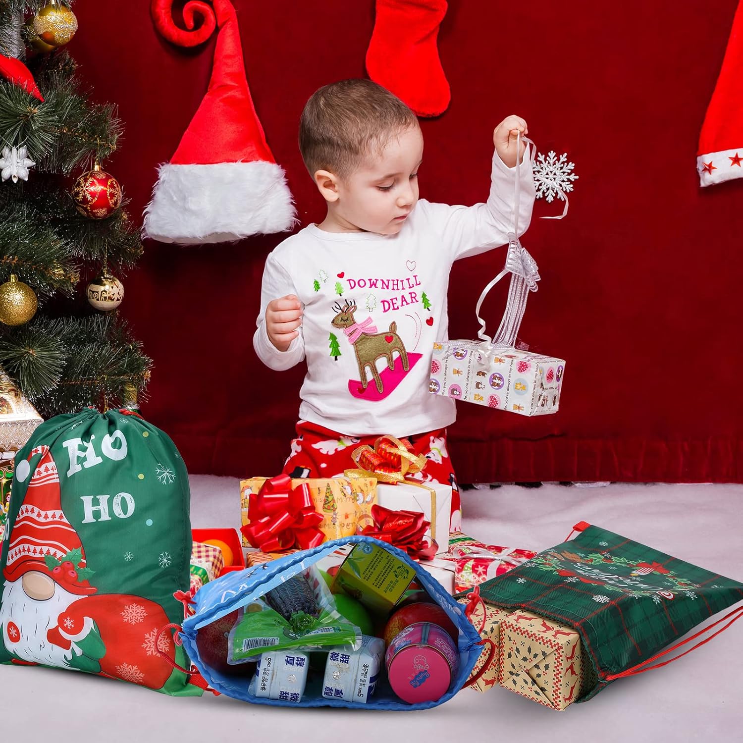 Pack of 12 Christmas Backpack with Drawstring Gift Bags 13.19 x 16.34 Inches Christmas Santa Claus Snowman Christmas Tree Gift Bags Party Bags for Children Birthday – Bild 5